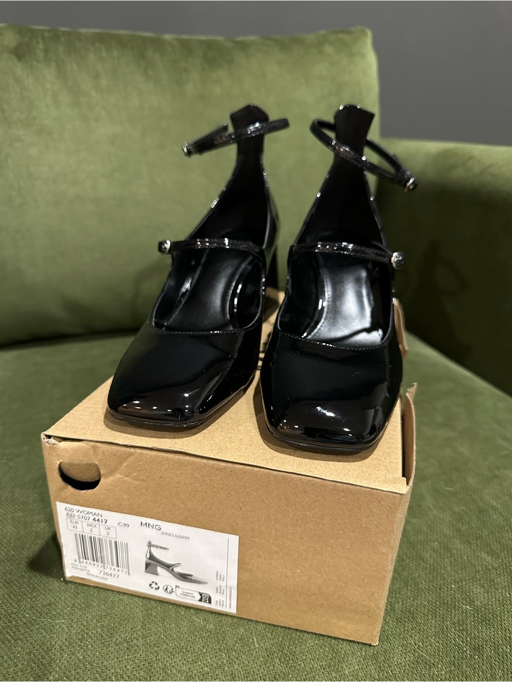 Mango Patent Leather Black Mary Jane Block Heel Pumps - Picture 2 of 5